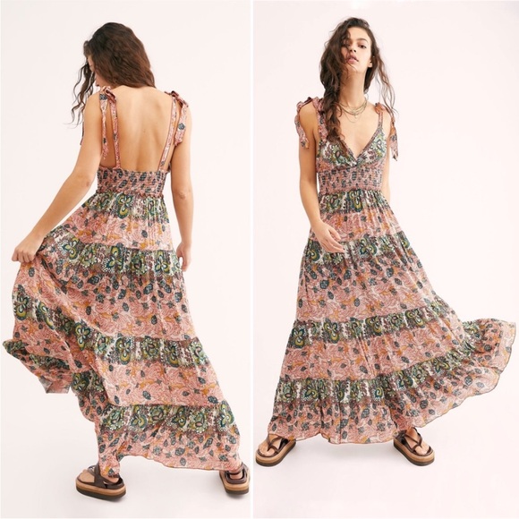 Free People Dresses & Skirts - Free People Let’s Smock About It Boho Tiered Mixed Print Maxi Dress Size Small